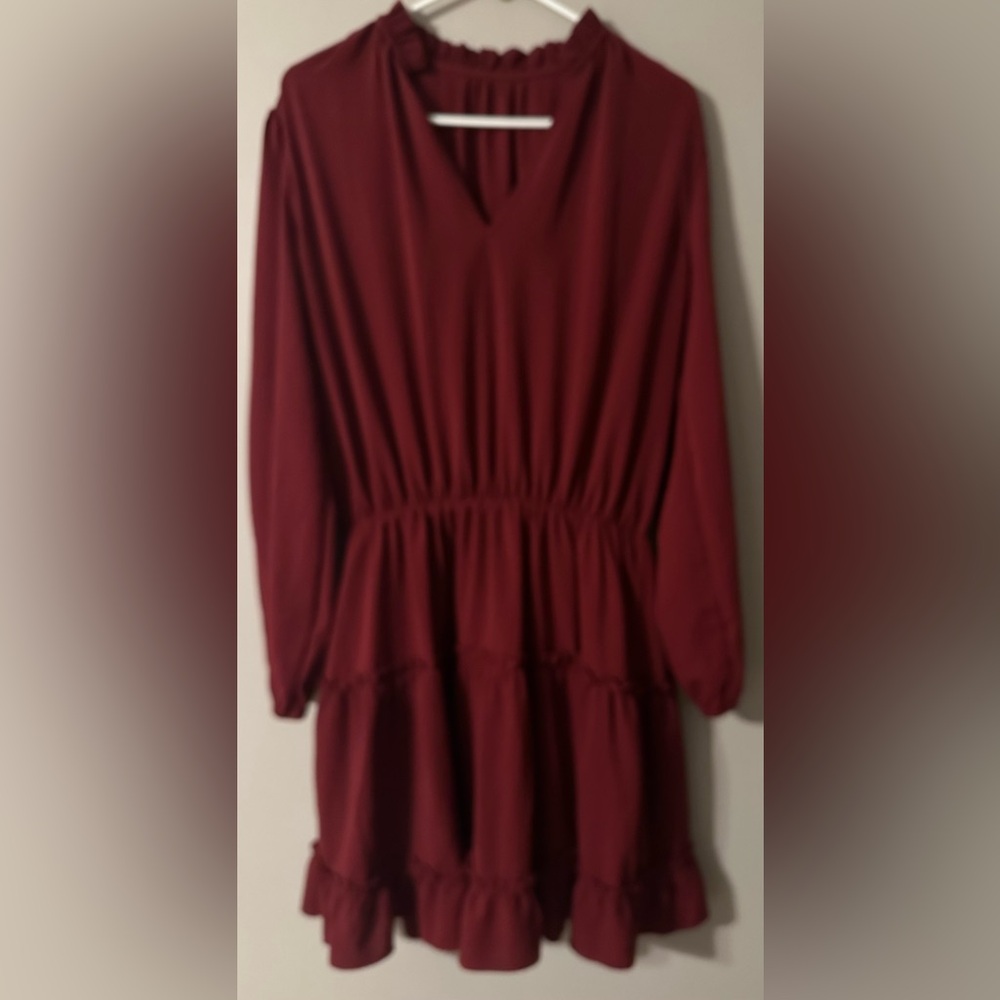 NO BRAND listed, size L Elegant Burgundy, ruffled, tiered, long sleeved dress.